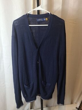 Polo Ralph Lauren Men's Blue Textured V-Neck Button Front Cardigan Sweater XL